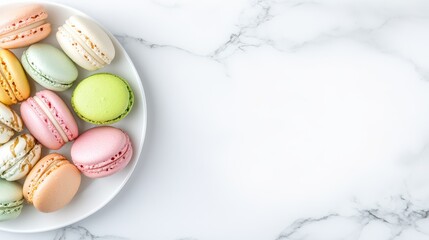 Fototapeta premium Pastel Macarons on Marble: A delightful array of pastel-colored macarons sits on a white plate against a marble background, creating a visually appealing and delicious image perfect for food blogs.