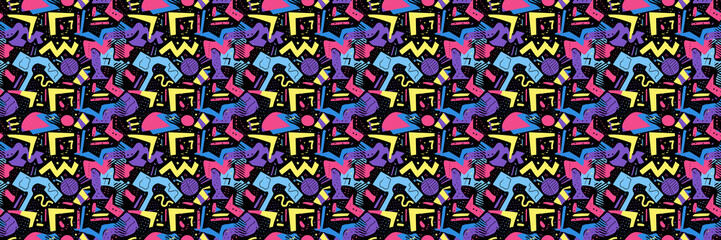Seamless pattern with geometric shapes in the style. Multicolored vintage background with triangles, circles and squares for textile, fabric and Sudanese fabric art.