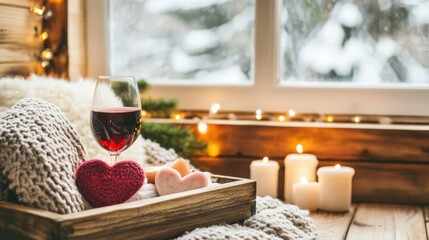 Cozy Winter Getaway:  A rustic wooden tray holds a glass of red wine, heart-shaped decorations, and flickering candles, creating a warm and inviting ambiance for a cozy winter evening.