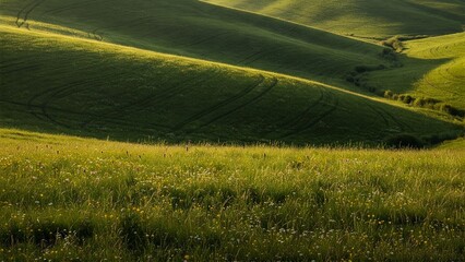 Fototapeta premium Lush green hills gently undulate under soft sunlight, with traces of paths woven through the vibrant grassy landscape.