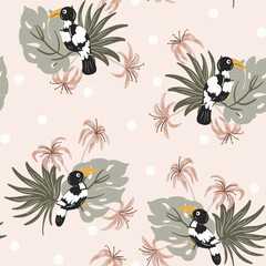 Pretty garden of palms and lilies with cute toucan birds enjoying nature. Subtle color palette of pink, green, white, cream and black. Bird of paradise seamless vector pattern. Great for home decor.