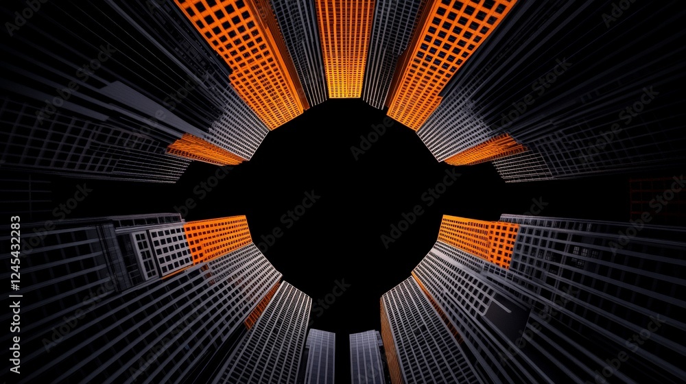 Poster urban vortex: a dramatic, abstract image of towering skyscrapers converging towards a central void, 