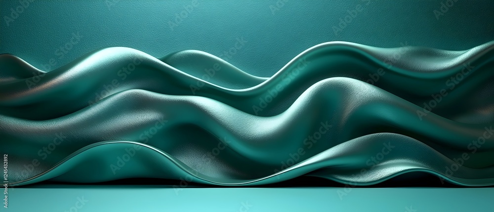 Poster a beautiful abstract composition of flowing teal fabric, creating soft waves and curves that evoke a