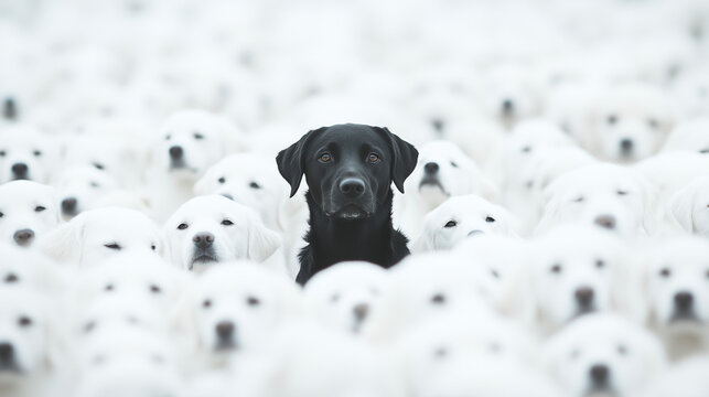 Fototapeta Black Lab in a Sea of White: A striking black labrador retriever stands out against a multitude of white dogs, showcasing individuality and uniqueness in a sea of sameness.  
