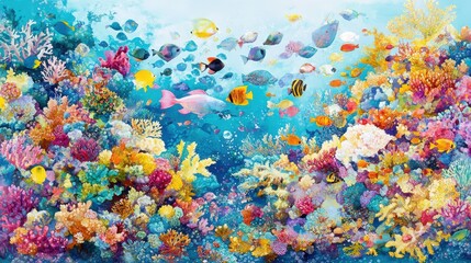 Underwater Paradise: A vibrant coral reef explodes with color and life, teeming with diverse fish species in a dazzling underwater ballet of nature's artistry.  