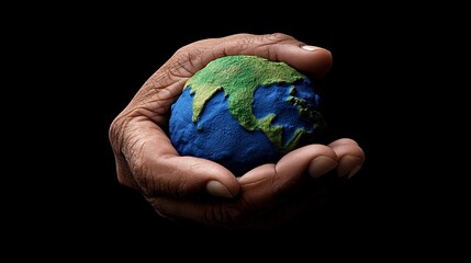 The Earth in Our Hands: A weathered hand cradles a small globe, symbolizing the responsibility and care we hold for our planet. The dark background emphasizes the fragility and preciousness of Earth.