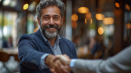 Fototapeta premium Sophisticated businessman with a well-groomed beard, confidently shaking hands with a colleague in a modern office, captured in an ultra-realistic corporate setting.