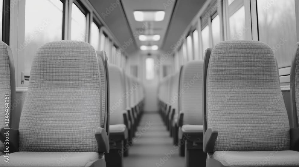 Poster empty train carriage: a black and white image capturing the minimalist aesthetic of an empty train c