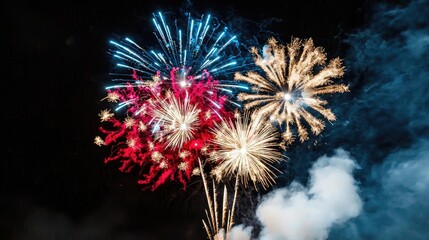 Night fireworks display, celebration, dark sky, smoke