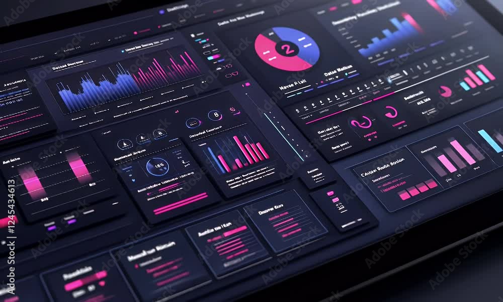 Poster digital dashboard analytics display on tablet, data visualization, graphs, charts, dark background, 