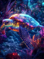 Fototapeta premium Luminous Sea Turtle in Vibrant Coral Reef - Digital Art