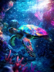 Obraz premium Vibrant Sea Turtle in Bioluminescent Ocean - Underwater Fantasy Art