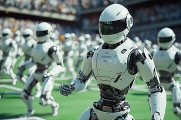 Robots playing soccer on a futuristic field