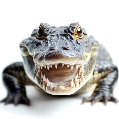 Obraz premium Alligator Close-Up: A menacing American alligator with a toothy grin bares its sharp teeth, showcasing the predator's raw power and primal nature. Its intense eyes and open jaws command attention.