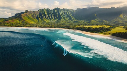 Surfer riding wave, athletic individual showcasing skills on a vibrant ocean, stunning mountains in background, ideal for adventure themes.