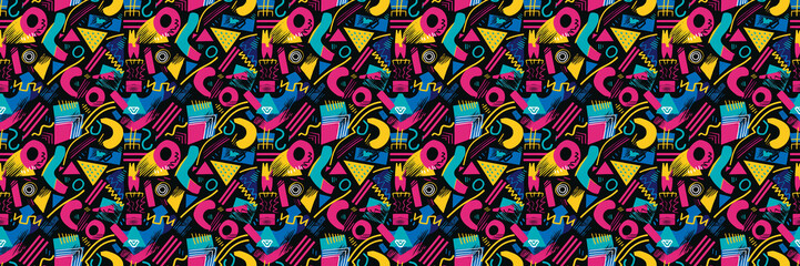 Seamless pattern with geometric shapes in the style. Multicolored vintage background with triangles, circles and squares for textile, fabric and Sudanese fabric art.