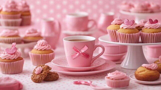 Cupcakes with pink frosting and ribbons coffee cups with pink theme