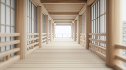 Zen-Like Tranquility: A serene and minimalist wooden hallway with traditional Japanese design elements. The soft light streaming through the frosted glass panels creates a peaceful atmosphere.