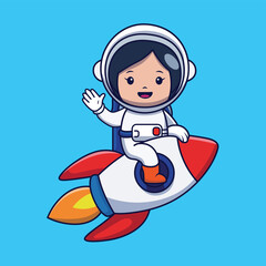 Cute Space Kid Astronaut Riding Rocket - Flat Vector Illustration
