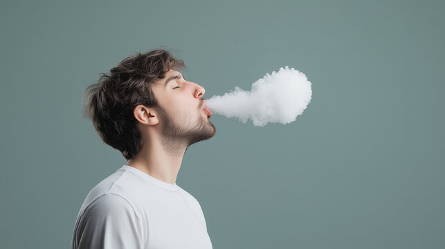 Man Exhaling Vapor: A young man with a beard, wearing a plain white t-shirt, exhales a large plume of vapor against a muted teal backdrop. The image is clean and simple.
