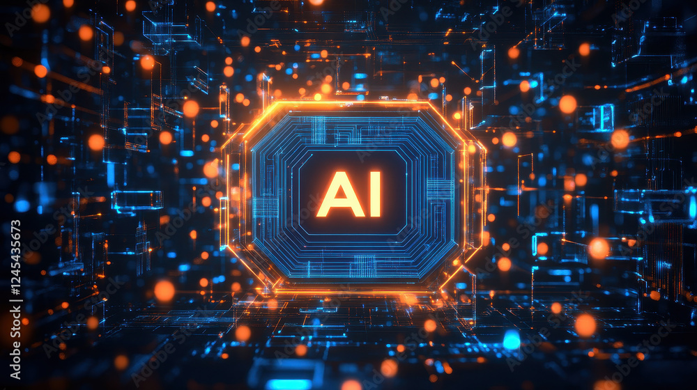 Poster abstract futuristic digital background with a glowing circuit board and the text 