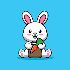 Cute Rabbit Holding Carrot Bag - Flat Vector Illustration 