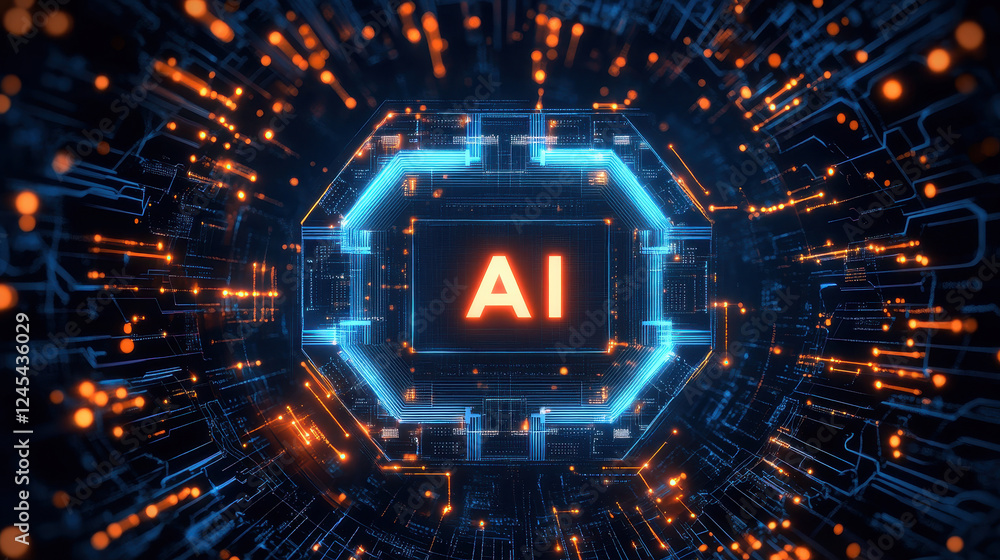 Poster abstract futuristic digital background with a glowing circuit board and the text 