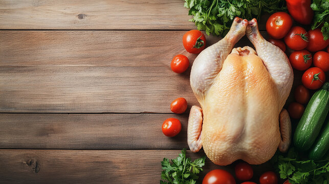 Roast Chicken with Fresh Vegetables: A whole raw chicken rests on a rustic wooden surface surrounded by fresh, vibrant vegetables, including tomatoes, zucchini, and parsley. - Powered by Adobe