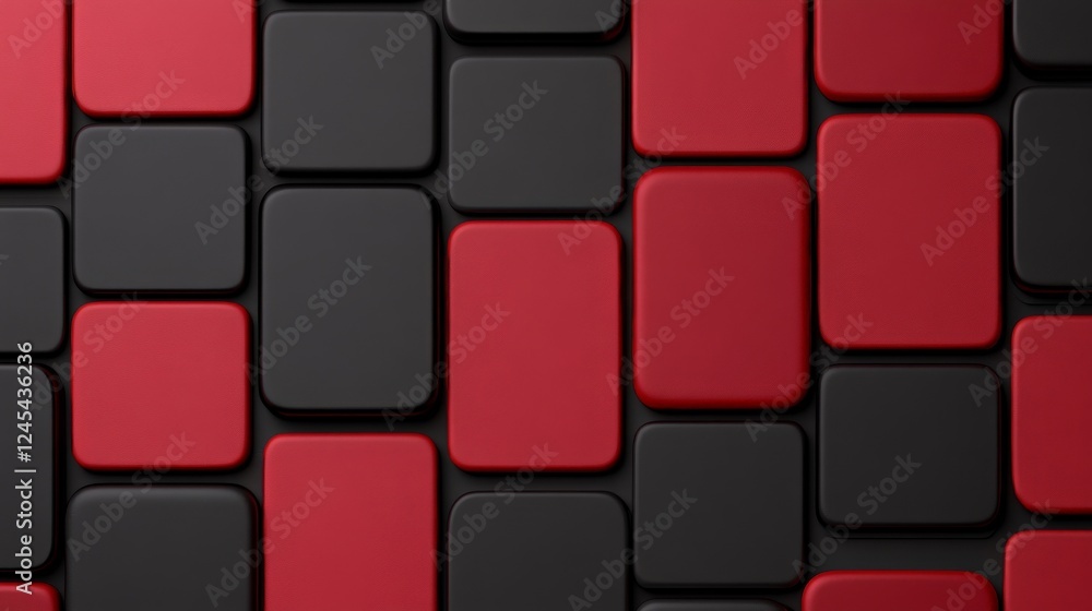 Poster Abstract Red and Black Tiles:  A mesmerizing geometric pattern of red and black tiles creates a visually captivating abstract backdrop. The staggered arrangement and smooth.