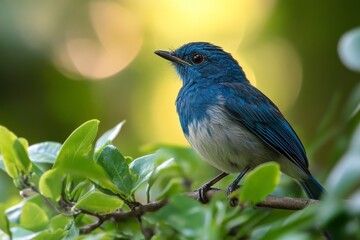 Naklejka premium Bright blue bird perched on a leafy branch