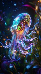 Luminous Octopus in Bioluminescent Underwater World