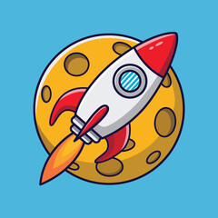 Cute Rocket Traveling to the Moon - Flat Vector Illustration