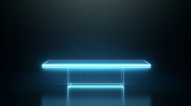 Neon Glowing Table: A sleek, transparent table illuminated by vibrant neon blue light, set against a dark, moody backdrop. The glow creates a futuristic and ethereal atmosphere.  