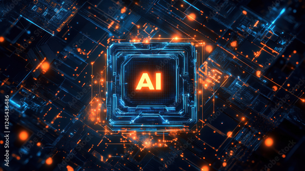 Poster abstract futuristic digital background with a glowing circuit board and the text 