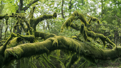 Moss-covered branches create a magical atmosphere in a serene woodland setting during the early morning