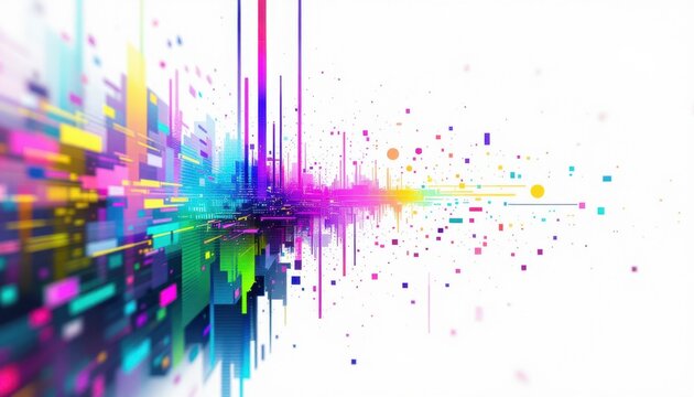 Colorful abstract digital lines and geometric shapes on white background