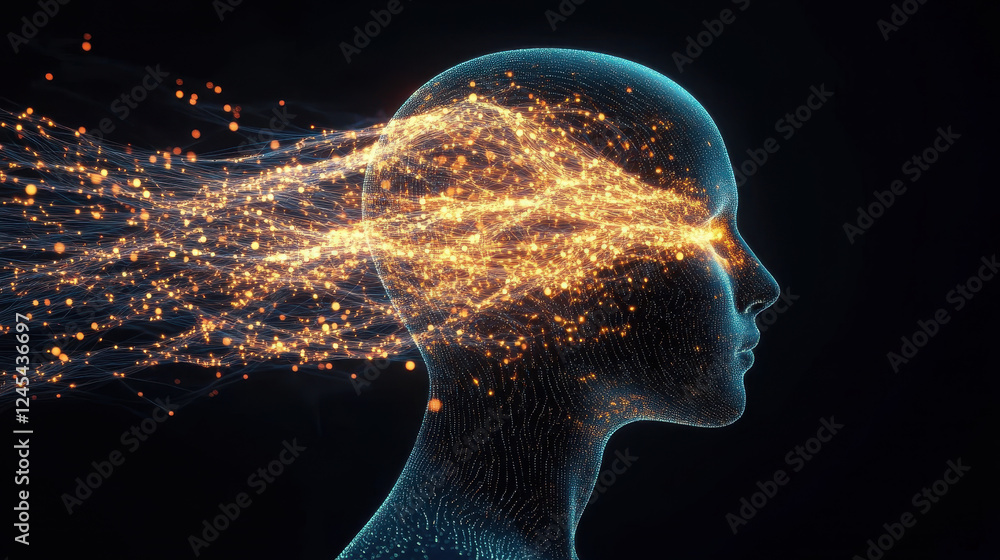 Poster abstract human head profile with glowing digital connections and data flow, symbolizing the concept 