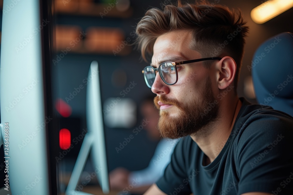 Poster a focused young man with a beard and glasses working late at a computer in a modern office setting