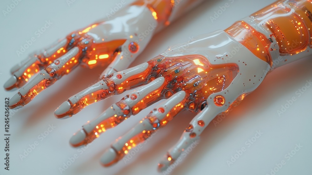 Poster futuristic robotic hands with glowing circuitry, showcasing advanced technology and design