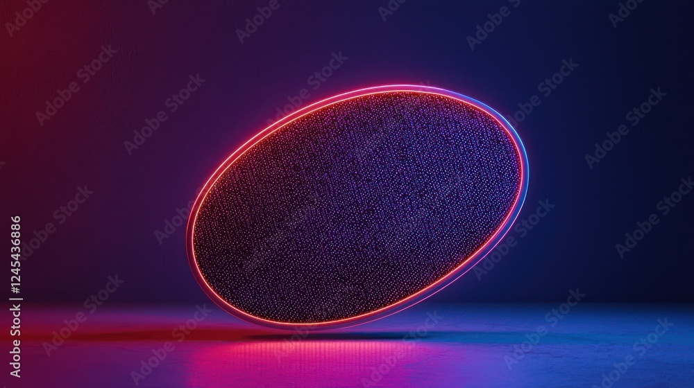 Aufkleber oval badge with neon pulsating stitches and glowing borders presented on a softly lit gradient surfa
