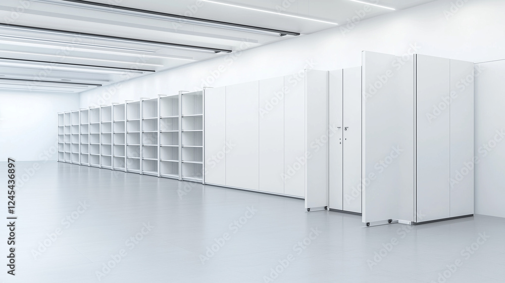 Poster modern minimalist storage solution: clean lines and sleek white shelving units and mobile partitions
