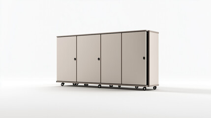 Mobile Storage Cabinet: Sleek and functional, this modern cabinet on wheels offers ample storage with four paneled doors, ideal for office or home organization. 