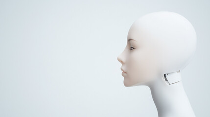 Humanoid Interface: A minimalist,  profile view of a smooth, white humanoid figure with a subtle futuristic interface on its neck, suggesting a blend of technology and human form.