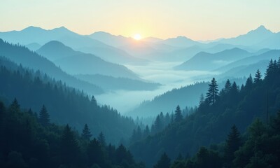Misty Mountain Sunrise with Forest Landscape