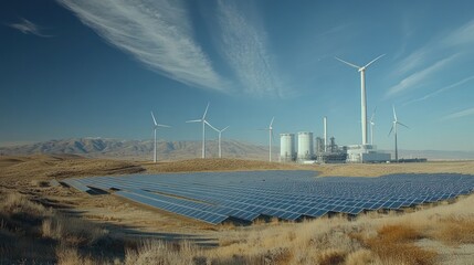 Solar panels, wind turbines, and power plant in desert landscape.