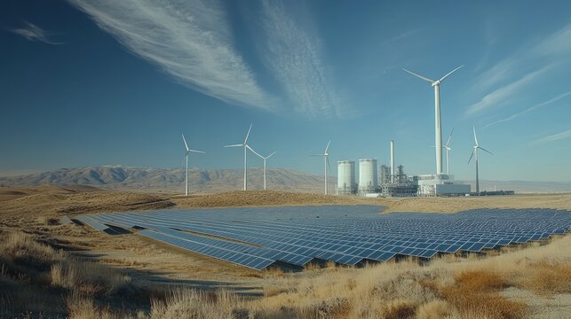 Solar panels, wind turbines, and power plant in desert landscape.