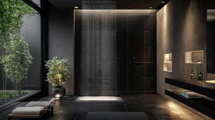 Luxurious Modern Bathroom with Waterfall Shower and Zen Garden View