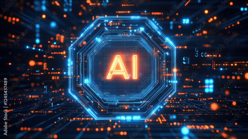 Poster abstract futuristic digital background with a glowing circuit board and the text 