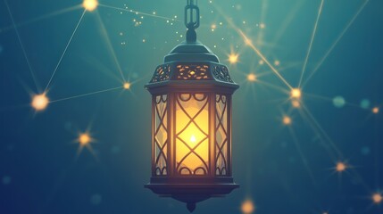 Ornate Ramadan Lantern with Mystical GlowDecorative Lantern with Candle and Bokeh Lights