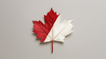 Canadian Maple Leaf: A single maple leaf painted half red and half white, symbolizing the Canadian flag and national identity.  The image captures a sense of pride, patriotism, and unity.